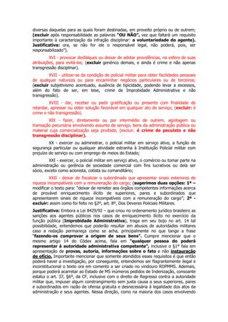 diversas daquelas para as quais foram destinadas, em proveito próprio ou de outrem;
(excluir após responsabilidade as palavras “OU NÃO”, vez que faltará um requisito
importante à caracterização da infração disciplinar: a voluntariedade do agente).
Justificativa: ora, se não for ele o responsável legal, não poderá, pois, ser
responsabilizado”).
         XVI - provocar desfalques ou deixar de adotar providências, na esfera de suas
atribuições, para evitá-los; (excluir genérico demais, e ainda é crime e não apenas
transgressão disciplinar).
        XVII - utilizar-se da condição de policial militar para obter facilidades pessoais
de qualquer natureza ou para encaminhar negócios particulares ou de terceiros;
(excluir subjetivismo acentuado, ausência de tipicidade, podendo levar a excessos,
além do fato de ser, em tese, crime de Improbidade Administrativa e não
transgressão).
         XVIII - dar, receber ou pedir gratificação ou presente com finalidade de
retardar, apressar ou obter solução favorável em qualquer ato de serviço; (excluir: é
crime e não transgressão).
         XIX - fazer, diretamente ou por intermédio de outrem, agiotagem ou
transação pecuniária envolvendo assunto de serviço, bens da administração pública ou
material cuja comercialização seja proibida; (excluir: é crime de peculato e não
transgressão disciplinar).
         XX - exercer ou administrar, o policial militar em serviço ativo, a função de
segurança particular ou qualquer atividade estranha à Instituição Policial militar com
prejuízo do serviço ou com emprego de meios do Estado;
         XXI - exercer, o policial militar em serviço ativo, o comércio ou tomar parte na
administração ou gerência de sociedade comercial com fins lucrativos ou dela ser
sócio, exceto como acionista, cotista ou comanditário;
         XXII - deixar de fiscalizar o subordinado que apresentar sinais exteriores de
riqueza incompatíveis com a remuneração do cargo; (sugerimos duas opções: 1ª –
modificar o texto para: “deixar de remeter aos órgãos competentes informações acerca
de provável enriquecimento ilícito de superiores, pares e subordinados que
apresentarem sinais de riqueza incompatíveis com a remuneração do cargo”; 2ª -
excluir: assim como foi feito no §2º, art. 8º, Dos Deveres Policiais Militares.
Justificativa: Embora a Lei 8429/92 – que criou no ordenamento jurídico brasileiro as
sanções aos agentes públicos nos casos de enriquecimento ilícito no exercício da
função pública (Improbidade Administrativa), traga em seu bojo no art. 14 tal
possibilidade, entendemos que poderão resultar em abusos de autoridades militares
caso a redação permaneça como se acha, principalmente no que tange a frase
“fazendo-os comprovar a origem de seus bens”. Cumpre mencionar que o
mesmo artigo 14 do Códex acima, fala em “qualquer pessoa do poderá
representar à autoridade administrativa competente”, inclusive o §1º fala em
apresentação de provas, autoria, informações sobre o fato e não instauração
de ofício. Importante mencionar que somente atendidos esses requisitos é que então
poderá haver a investigação, por conseguinte, entendemos ser flagrantemente ilegal e
inconstitucional o texto ora em comento a ser criado no vindouro RDPMMS. Ademais,
porque poderá acarretar ao Estado de MS inúmeros pedidos de Indenização, consoante
estatui o art. 37, §6º, da CF, inclusive com o direito de Regresso contra a autoridade
militar que, impuser algum constrangimento sem justa causa a seus superiores, pares
e subordinados em razão de ofensa gratuita e desnecessária à legalidade dos atos da
administração e seus agentes. Nessa direção, como na maioria dos casos envolvendo
 