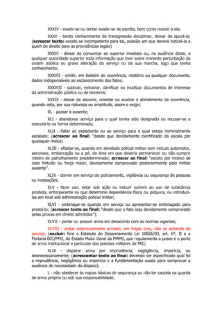 XXXIV - evadir-se ou tentar evadir-se de escolta, bem como resistir a ela;
       XXXV - tendo conhecimento de transgressão disciplinar, deixar de apurá-la;
(acrescer texto: exceto se incompetente para tal, ocasião em que deverá noticiá-la a
quem de direito para as providências legais)
        XXXVI - deixar de comunicar ao superior imediato ou, na ausência deste, a
qualquer autoridade superior toda informação que tiver sobre iminente perturbação da
ordem pública ou grave alteração do serviço ou de sua marcha, logo que tenha
conhecimento;
        XXXVII - omitir, em boletim de ocorrência, relatório ou qualquer documento,
dados indispensáveis ao esclarecimento dos fatos;
        XXXVIII - subtrair, extraviar, danificar ou inutilizar documentos de interesse
da administração pública ou de terceiros;
       XXXIX - deixar de assumir, orientar ou auxiliar o atendimento de ocorrência,
quando esta, por sua natureza ou amplitude, assim o exigir;
        XL - passar a ausente;
        XLI - abandonar serviço para o qual tenha sido designado ou recusar-se a
executá-lo na forma determinada;
        XLII - faltar ao expediente ou ao serviço para o qual esteja nominalmente
escalado; (acrescer ao final: “desde que devidamente cientificado da escala por
quaisquer meios)
         XLIII - afastar-se, quando em atividade policial militar com veículo automotor,
aeronave, embarcação ou a pé, da área em que deveria permanecer ou não cumprir
roteiro de patrulhamento predeterminado; acrescer ao final: “exceto por motivo de
caso fortuito ou força maior, devidamente comprovado posteriormente pelo militar
ausente”.
         XLIV - dormir em serviço de policiamento, vigilância ou segurança de pessoas
ou instalações;
         XLV - fazer uso, estar sob ação ou induzir outrem ao uso de substância
proibida, entorpecente ou que determine dependência física ou psíquica, ou introduzi-
las em local sob administração policial militar;
         XLVI - embriagar-se quando em serviço ou apresentar-se embriagado para
prestá-lo; (acrescer texto ao final: “desde que o fato seja devidamente comprovado
pelas provas em direito admitidas”);
        XLVII - portar ou possuir arma em desacordo com as normas vigentes;
         XLVIII - andar ostensivamente armado, em trajes civis, não se achando de
serviço; (excluir: fere o Estatuto do Desarmamento Lei 10826/03, art. 6º, II e a
Portaria 001/PM2, do Estado Maior Geral da PMMS, que regulamenta a posse e o porte
de arma institucional e particular dos policiais militares de MS);
        XLIX - disparar arma por imprudência, negligência, imperícia, ou
desnecessariamente; (acrescentar texto ao final: devendo ser especificado qual foi
a imprudência, negligência ou imperícia e a fundamentação usada para comprovar a
ausência de necessidade do disparo).
        L - não obedecer às regras básicas de segurança ou não ter cautela na guarda
de arma própria ou sob sua responsabilidade;
 