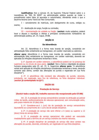 Justificativa: fere a súmula 19, do Supremo Tribunal Federal sobre o a
inexistência de “BIS IN IDEM” na administração pública quando se tratar o
procedimento sobre fatos já apurados e solucionados, ofendendo ainda o que a
doutrina leciona como Teoria do Fato Consumado.
         I – cancelamento de matrícula, com desligamento de curso, estágio ou
exame;
         II – destituição de cargo, função ou comissão;
        III – movimentação de unidade ou fração. (excluir: muito subjetivo, poderá
levar a abusos e injustiças e ofensa a princípios constitucionais norteadores da
administração pública, art. 37, Caput, CF/88.

                                       SEÇÃO II

                                    Da Advertência

       Art. 22. Advertência é a forma mais branda de sanção, consistindo em
admoestação feita verbalmente ao transgressor, em caráter reservado ou ostensivo.
alterar para: Advertência é a forma mais branda de sanção, consistindo em
admoestação feita verbalmente ao transgressor, em caráter reservado, devendo ser
aplicadas às infrações disciplinares levíssimas e leves.
          § 1º. Quando em caráter ostensivo, a advertência poderá ser na presença de
superiores ou no círculo de seus pares. (excluir: fere a honra e dignidade da pessoa
humana assegurados pela CF, art. 5º, X. Sugerimos alterar para: “A advertência
verbal será aplicada às infrações disciplinares consideradas levíssimas e leves, devendo
somente esta última, constar das alterações do punido e registrada em sua ficha
disciplinar”).
        § 2º. A advertência não constará das alterações do punido, devendo,
entretanto, ser registrada, para fins de referência, na ficha disciplinar individual.
(excluir já contemplado no §1º)

                                       SEÇÃO III

                                Prestação de Serviço

  (Excluir toda a seção III, trabalho escravo não recepcionado pela CF/88)

         Art. 23. A prestação de serviço extraordinário consiste na atribuição ao policial
militar de tarefa, preferencialmente de natureza operacional, sem remuneração extra,
pelo prazo máximo de 10 (dez) dias.
        § 1º. Considerar-se-á 1 (um) dia de prestação de serviço extraordinário
equivalente ao cumprimento de 1 (um) dia de sanção disciplinar.
        § 2º. A prestação do serviço não será inferior a 6 (seis) ou superior a 12
(doze) horas de serviço diário.
        § 3º. A prestação de serviço operacional não poderá ser executada
imediatamente após o término de um serviço ordinário da mesma natureza.
         § 4º. A sanção disciplinar de prestação de serviço não deve constar nas
alterações do punido, devendo, entretanto, ser registrada em sua ficha disciplinar.
 