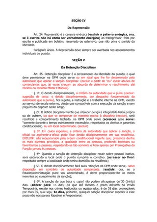 SEÇÃO IV

                                   Da Repreensão

         Art. 24. Repreensão é a censura enérgica (excluir a palavra enérgica, ora,
se é escrita não há como ser verbalmente enérgica) ao transgressor, feita por
escrito e publicada em boletim, reservado ou ostensivo, que não priva o punido da
liberdade.
         Parágrafo único. A Repreensão deve sempre ser averbada nos assentamentos
individuais do punido.

                                       SEÇÃO V

                              Da Detenção Disciplinar

        Art. 25. Detenção disciplinar é o cerceamento da liberdade do punido, o qual
deve permanecer na OPM onde serve ou em local que lhe for determinado pela
autoridade que aplicar a sanção disciplinar. (excluir a partir de “ou” evitar abusos de
comandantes que, às vezes chegam ao absurdo de determinar o recolhimento até
mesmo no Presídio Militar Estadual).
         § 1º. O detido disciplinarmente, a critério da autoridade que o puniu (excluir:
sugestão de texto: o detido disciplinarmente, por despacho fundamentado da
autoridade que o puniu), fica sujeito, a instrução e a trabalho interno na OPM, exceto
ao serviço de escala externo, desde que compatíveis com a execução da sanção e sem
prejuízo do disposto neste artigo.
         § 2º. O detido disciplinarmente que oferecer perigo a integridade física própria
ou de outrem, ou que se comportar de maneira nociva à disciplina (excluir), será
recolhido a compartimento fechado, na OPM onde serve (acrescer após serve:
“somente durante o tempo estritamente necessário, respeitados os direitos e garantias
constitucionais). ou em local determinado. (excluir)
         § 3º. Em casos especiais, a critério da autoridade que aplicar a sanção, o
oficial ou aspirante-a-oficial pode ficar detido disciplinarmente em sua residência.
EXCLUIR: não recepcionado pela ordem constitucional vigente que, preconiza dentre
os mais diversos princípios, a igualdade entre as pessoas, proibindo benesses ou
favoritismos a pessoas, respeitando-se tão somente o Foro apenas por Prerrogativa da
Função jamais às pessoas.
         § 4º. Quando a sanção de detenção disciplinar recair sobre pessoal inativo,
será esclarecido o local onde o punido cumprirá o corretivo. (acrescer ao final:
respeitado sempre a localidade onde tenha domicílio ou residência)
         § 5º. O detido disciplinarmente fará suas refeições na OPM onde serve,. salvo
disposição em contrário de autoridade competente. (excluir: ora, se o
Estado/Administração pune seu administrado, é dever proporcionar-lhe os meios
inerentes ao cumprimento da sanção);
        § 6º. A sanção de que trata o caput não podem ultrapassar de 30 (trinta)
dias. (alterar para: 15 dias, eis que até mesmo o prazo máximo da Prisão
Temporária, exceto nos crimes hediondos ou equiparados, é de 05 dias prorrogáveis
por mais 05, qual seja, 1o dias, portanto, qualquer sanção disciplinar superior a esse
prazo não nos parece Razoável e Proporcional.
 