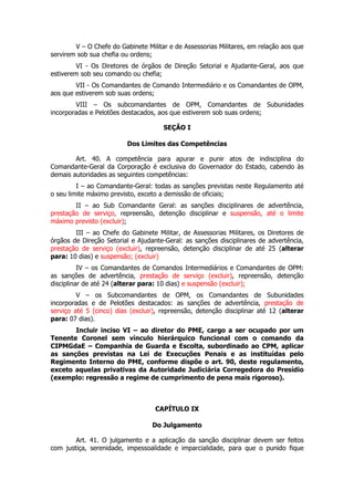 V – O Chefe do Gabinete Militar e de Assessorias Militares, em relação aos que
servirem sob sua chefia ou ordens;
         VI - Os Diretores de órgãos de Direção Setorial e Ajudante-Geral, aos que
estiverem sob seu comando ou chefia;
        VII - Os Comandantes de Comando Intermediário e os Comandantes de OPM,
aos que estiverem sob suas ordens;
        VIII – Os subcomandantes de OPM, Comandantes de Subunidades
incorporadas e Pelotões destacados, aos que estiverem sob suas ordens;

                                      SEÇÃO I

                          Dos Limites das Competências

        Art. 40. A competência para apurar e punir atos de indisciplina do
Comandante-Geral da Corporação é exclusiva do Governador do Estado, cabendo às
demais autoridades as seguintes competências:
         I – ao Comandante-Geral: todas as sanções previstas neste Regulamento até
o seu limite máximo previsto, exceto a demissão de oficiais;
        II – ao Sub Comandante Geral: as sanções disciplinares de advertência,
prestação de serviço, repreensão, detenção disciplinar e suspensão, até o limite
máximo previsto (excluir);
        III – ao Chefe do Gabinete Militar, de Assessorias Militares, os Diretores de
órgãos de Direção Setorial e Ajudante-Geral: as sanções disciplinares de advertência,
prestação de serviço (excluir), repreensão, detenção disciplinar de até 25 (alterar
para: 10 dias) e suspensão; (excluir)
          IV – os Comandantes de Comandos Intermediários e Comandantes de OPM:
as sanções de advertência, prestação de serviço (excluir), repreensão, detenção
disciplinar de até 24 (alterar para: 10 dias) e suspensão (excluir);
         V – os Subcomandantes de OPM, os Comandantes de Subunidades
incorporadas e de Pelotões destacados: as sanções de advertência, prestação de
serviço até 5 (cinco) dias (excluir), repreensão, detenção disciplinar até 12 (alterar
para: 07 dias).
       Incluir inciso VI – ao diretor do PME, cargo a ser ocupado por um
Tenente Coronel sem vínculo hierárquico funcional com o comando da
CIPMGdaE – Companhia de Guarda e Escolta, subordinado ao CPM, aplicar
as sanções previstas na Lei de Execuções Penais e as instituídas pelo
Regimento Interno do PME, conforme dispõe o art. 90, deste regulamento,
exceto aquelas privativas da Autoridade Judiciária Corregedora do Presídio
(exemplo: regressão a regime de cumprimento de pena mais rigoroso).



                                   CAPÍTULO IX

                                  Do Julgamento

        Art. 41. O julgamento e a aplicação da sanção disciplinar devem ser feitos
com justiça, serenidade, impessoalidade e imparcialidade, para que o punido fique
 