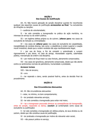 SEÇÃO I
                            Das Causas de Justificação

         Art. 43. Não haverá aplicação de sanção disciplinar quando for reconhecida
qualquer das seguintes causas de justificação acrescentar ao final: “ou excludentes
de infrações ou sanções:
        I – ausência de voluntariedade;
         II - ter sido cometida a transgressão na prática de ação meritória, no
interesse do serviço ou da ordem pública;
        III – em legítima defesa própria ou de outrem; (alterar para: nos casos de
excludente de ilicitude ou criminalidade)
          IV – nos casos de (alterar para: nos casos de excludente de culpabilidade,
inexigibilidade de conduta diversa, tais como: a obediência à ordem superior e coação
moral irresistível, desde que a ordem recebida não seja manifestamente ilegal;
         V – por uso de força, a fim de compelir o subordinado a cumprir
rigorosamente o seu dever, no caso de perigo, necessidade urgente, calamidade
pública, manutenção da ordem e da disciplina;
        VI – por motivo de força maior ou caso fortuito, plenamente comprovados;
         VII - nos casos de ignorância, plenamente comprovada, desde que não atente
contra os sentimentos normais de patriotismo, humanidade e probidade;
        Acrescer incisos
        VIII – fato de terceiro;
        IX – erro
        X – ter reparado o dano, sendo possível fazê-lo, antes da decisão final do
procedimento.

                                      SEÇÃO II

                          Das Circunstâncias Atenuantes

        Art. 44. São circunstâncias atenuantes:
        I – estar, no mínimo, no bom comportamento;
        II – ter prestado relevantes serviços;
        III - ter sido cometida a transgressão para evitar mal maior;
        IV – ter o transgressor procurado diminuir as conseqüências da transgressão,
antes da sanção, reparando os danos; (excluir: já contemplado como causa de
excludente ou justificação)
        V - ter sido cometida a transgressão em defesa própria, de seus direitos ou de
outrem, desde que não constitua causa de justificação;
        VI - ter praticado a transgressão por motivo de relevante valor social;
        VII – não possuir prática no serviço;
 