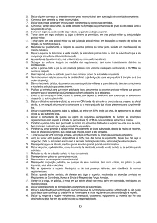 55.
56.
57.
58.
59.
60.
61.
62.
63.
64.
65.
66.
67.
68.
69.
70.
71.
72.
73.
74.
75.
76.
77.
78.
79.
80.
81.
82.
83.
84.
85.
86.
87.
88.
89.
90.

Deixar alguém conversar ou entender-se com preso incomunicável, sem autorização de autoridade competente.
Conversar com sentinela ou preso incomunicável.
Deixar que presos conservem em seu poder instrumentos ou objetos não permitidos.
Conversar, sentar-se ou fumar, ou ainda consentir na formação ou permanência de grupo ou de pessoa junto a
seu posto de serviço.
Fumar em lugar ou ocasiões onde seja vedado, ou quando se dirigir a superior.
Tomar parte em jogos proibidos ou jogar a dinheiro os permitidos, em área policial-militar ou sob jurisdição
policial-militar.
Tomar parte, em área policial-militar ou sob jurisdição policial-militar, em discussões a respeito de política ou
religião, ou mesmo provocá-la.
Manifestar-se, publicamente, a respeito de assuntos políticos ou tomar parte, fardado em manifestações da
mesma natureza.
Deixar o superior de determinar a saída imediata, de solenidade policial-militar ou civil, de subordinado que a ela
compareça em uniforme diferente do marcado.
Apresentar-se desuniformizado, mal uniformizado ou com o uniforme alterado.
Sobrepor ao uniforme insígnia ou medalha não regulamentar, bem como indevidamente distintivo ou
condecoração.
Andar o policial-militar a pé ou em coletivos públicos com uniforme inadequado contrariando o RUPMAM ou
normas a respeito.
Usar traje civil, o cabo ou soldado, quando isso contrariar ordem de autoridade competente.
Ser indiscreto em relação a assuntos de caráter oficial, cuja divulgação possa ser prejudicial à disciplina ou à boa
ordem do serviço.
Dar conhecimento de fatos, documentos ou assuntos policiais-militares a quem deles não deva ter conhecimento
e não tenha atribuições para neles intervir.
Publicar ou contribuir para que sejam publicados fatos, documentos ou assuntos policiais-militares que possam
concorrer para o desprestígio da Corporação ou firam a disciplina ou a segurança.
Entrar ou sair de qualquer OPM, o cabo ou soldado, com objetos ou embrulhos, sem autorização do comandante
da guarda ou autorização similar.
Deixar o oficial ou aspirante-a-oficial, ao entrar em OPM onde não sirva de dar ciência da sua presença ao oficial
de dia, e, em seguida de procurar o comandante ou o mais graduado dos oficiais presentes para cumprimentálos.
Deixar o subtenente, sargento, cabo ou soldado, ao entrar em OPM onde não sirva, de apresentar-se ao oficial
de dia ou seu substituto legal.
Deixar o comandante da guarda ou agente de segurança correspondente de cumprir as prescrições
regulamentares com respeito à entrada ou permanência na OPM de civis ou militares estranhos à mesma.
Penetrar o policial-militar sem permissão ou ordem em aposentos destinados a superior ou onde esse se ache,
bem como em qualquer lugar onde a entrada lhe seja vedada.
Penetrar ou tentar penetrar o policial-militar em alojamento de outra subunidade, depois da revista do recolher,
salvo os oficiais ou sargentos, que, pelas suas funções, sejam a isto obrigados.
Tentar ou sair de OPM com força armada, sem prévio conhecimento ou ordem da autoridade competente.
Abrir ou tentar abrir qualquer dependência da OPM fora das horas de expediente, desde que não seja o
respectivo chefe ou sem ordem escrita com a expressa declaração de motivo, salvo situações de emergência.
Desrespeitar regras de trânsito, medidas gerais de ordem policial, judicial ou administrativa.
Deixar de portar, o policial-militar, o seu documento de identidade, estando ou não fardado ou de exibí-lo quando
solicitado.
Maltratar ou não ter o devido cuidado no trato com animais.
Desrespeitar em público as convenções sociais.
Desconsiderar ou desrespeitar a autoridade civil.
Desrespeitar corporação judiciária, ou qualquer de seus membros, bem como criticar, em público ou pela
imprensa, seus atos ou decisões.
Não se apresentar a superior hierárquico ou de sua presença retirar-se, sem obediência às normas
regulamentares.
Deixar, quando estiver sentado, de oferecer seu lugar a superior, ressalvadas as exceções previstas no
Regulamento de Continência, Honras e Sinais de Respeito das Forças Armadas.
Sentar-se a praça, em público, à mesa em que estiver oficial vice-versa, salvo em solenidade, festividades, ou
reuniões sociais.
Deixar deliberadamente de corresponder a cumprimento de subordinado.
Deixar o subordinado quer uniformizado, quer em traje civil de cumprimentar superior, uniformizado ou não, neste
caso desde que o conheça ou prestar-lhe as homenagens e sinais regulamentares de consideração e respeito.
Deixar ou negar-se a receber vencimentos, alimentação, fardamento, equipamento ou material que lhe seja
destinado ou deva ficar em seu poder ou sob sua responsabilidade.

15

 