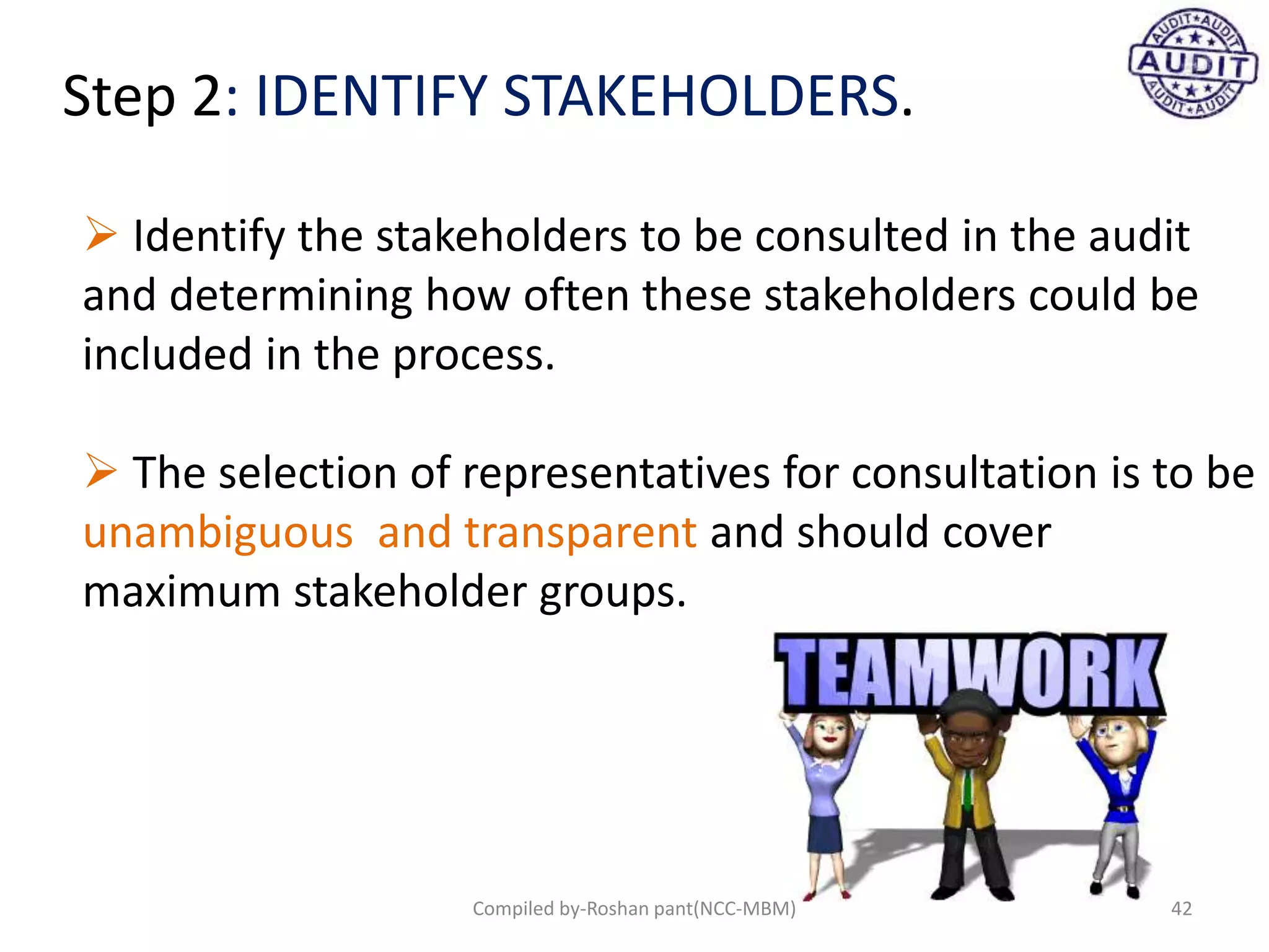 Step 2: IDENTIFY STAKEHOLDERS.
 Identify the stakeholders to be consulted in the audit
and determining how often these stakeholders could be
included in the process.
 The selection of representatives for consultation is to be
unambiguous and transparent and should cover
maximum stakeholder groups.
42Compiled by-Roshan pant(NCC-MBM)
 