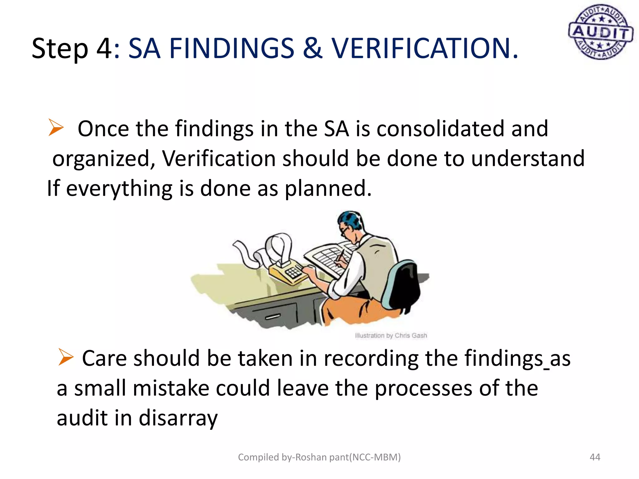 Step 4: SA FINDINGS & VERIFICATION.
 Once the findings in the SA is consolidated and
organized, Verification should be done to understand
If everything is done as planned.
 Care should be taken in recording the findings as
a small mistake could leave the processes of the
audit in disarray
44Compiled by-Roshan pant(NCC-MBM)
 