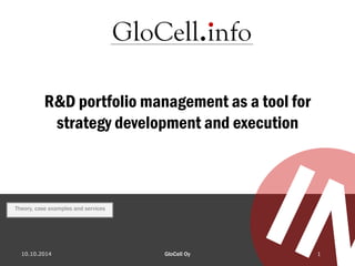 R&D portfolio management as a tool for
strategy development and execution
10.10.2014 GloCell Oy 1
Theory, case examples and services
 