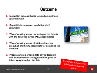 Outcome
1. Innovation process that is focused on business
value creation
2. Capability to do correct product project
valuations
3. Way of working where ownership of the data is
with the business owner (P&L accountable)
4. Way of working where all stakeholders are
executing and held accountable for delivering the
numbers
5. Process where portfolio data drives decisions
with consequences – budgets will be given or
taken away based on the data
Juhani Lehtonen GloCell Oy 17
 