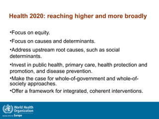 Health 2020: reaching higher and more broadly
•Focus on equity.
•Focus on causes and determinants.
•Address upstream root causes, such as social
determinants.
•Invest in public health, primary care, health protection and
promotion, and disease prevention.
•Make the case for whole-of-government and whole-of-
society approaches.
•Offer a framework for integrated, coherent interventions.
 