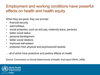 Employment and working conditions have powerful
effects on health and health equity
When they are good, they can provide:
• financial security
• paid holidays
• social protection, such as sick pay, maternity leave, pensions
• better social status
• personal development
• better social relations
• improved self-esteem
• protection from physical and psychosocial hazards
… all of which have protective and positive effects on health
Source: Commission on Social Determinants of Health, final report (WHO, 2008)
 