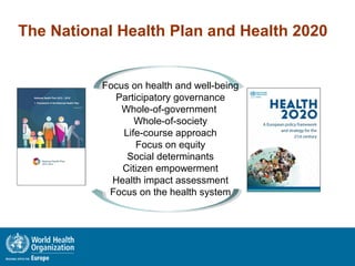 The National Health Plan and Health 2020
Focus on health and well-being
Participatory governance
Whole-of-government
Whole-of-society
Life-course approach
Focus on equity
Social determinants
Citizen empowerment
Health impact assessment
Focus on the health system
 