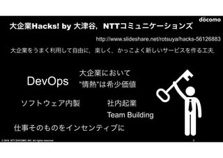 © 2016 NTT DOCOMO, INC. All rights reserved.
大企業HHaacckkss!!  bbyy  大津谷，NNTTTTコミュニケーションズ
9
hhttttpp::////wwwwww..sslliiddeesshhaarree..nneett//rroottssuuyyaa//hhaacckkss--5566
大企業をうまく利用して自由に，楽しく，かっこよく新しいサービスを作る工夫．
DDeevvOOppss
社内起業


TTeeaamm  BBuuiillddiinngg
ソフトウェア内製
仕事そのものをインセンティブに
大企業において


”情熱”は希少価値
 