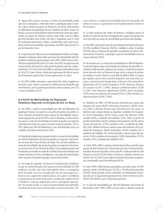 180 Relatório Anual das Desigualdades Raciais no Brasil, 2007-2008
8. Conclusão Geral do Relatório
➢ Apesar dos avanços recentes, os níveis de mortalidade ainda
não são os desejáveis, sobretudo entre a população preta & par-
da, o que é ainda mais grave no Nordeste e no Norte, onde mesmo
os indicadores da população branca também são altos. Assim, no
Brasil, as taxas de mortalidade infantil estão bem acima das regis-
tradas em países da América Latina, como Cuba, com 6,1 óbitos
por mil nascidos vivos; Chile, com oito; e Argentina, com 15. Fora
do continente americano, o Japão, considerado o país com os me-
nores níveis de mortalidade, apresentou, em 2005, uma taxa de 3,2
por mil nascidos vivos.
➢ A esperança de vida ao nascer da população brasileira, acompa-
nhando as reduções observadas nas taxas de mortalidade infantil,
também evoluíram positivamente entre 1995 e 2005. Entre os bra-
sileirosemgeral,de68,2para72,5anos.Em1995,asesperançasde
vida ao nascer dos brancos e dos pretos & pardos eram de, respec-
tivamente, 71,5 e 65,9 anos. Em 2006, os mesmos indicadores eram
de 74,9 e 71,7 anos. Assim, o hiato nas esperanças de vida ao nascer
dos dois grupos, que era de 5,6 anos, passou para 3,2 anos.
➢ De 1995 a 2006, aumentou o percentual de uniões exogâmicas
em todo o país. Entre as pessoas de referências do domicílio que
eram brancas, em 6,2 pontos percentuais; entre as pretas, em 12,5;
e, entre as pardas, em 3,9.
8.2 Perfil da Mortalidade da População
Brasileira Segundo os Grupos de Cor ou Raça
➢ Em 2005, a razão de mortalidade por 100 mil habitantes da
população branca era superior a da preta & parda, em ambos os
sexos. Quando decomposta pelas causas de mortalidade selecio-
nadas (grupos de causas do CID), entre os homens, as duas únicas
nas quais a razão de mortalidade de pretos & pardos era superior
a dos brancos eram nas causas externas (respectivamente, 124,7 e
107,3 óbitos por 100 mil habitantes) e nas mal definidas (esta, na
verdade, uma falsa causa) (63,6 e 53,4).
➢ Quando decomposta por grupos etários, a razão de mortalidade
por 100 mil habitantes de pretos & pardos era superior à dos bran-
cos na faixa dos 10 aos 40 anos de idade. No caso das mulheres, a
razão de mortalidade das pretas & pardas era superior à das bran-
cas na faixa dos 25 aos 40 anos de idade. Esse comportamento está
fortemente associado ao modo de incidência das mortalidades por
causas externas nos dois contingentes e sua especial concentração
entre os pretos & pardos de grupos etários mais jovens.
➢ Ao longo do capítulo, foi possível fundamentar a hipótese
de que as subnotificações dos registros de mortalidade no SIM
tendiam a incidir com mais intensidade sobre o contingente
preto & pardo. Isso era causado pelo fato de este grupo ser a
maioria nos segmentos populacionais nos quais o problema
se apresentava de modo mais grave: estados das regiões Norte
e Nordeste, crianças, população rural e contingente mais po-
bre. Do mesmo modo, as causas de mortalidade mal definidas
incidiam de forma mais intensa sobre os pretos & pardos. Por
esses motivos, a razão de mortalidade de pretos & pardos, de
ambos os sexos, se apresentava tão freqüentemente inferior à
dos brancos.
➢ A idade mediana dos óbitos de homens e mulheres pretos &
pardos era inferior aos dos contingentes dos respectivos grupos de
sexo em todas as causas de mortalidade que foram selecionadas.
➢ Em 2005, a principal causa de mortalidade dos homens brancos
(29,3%), mulheres brancas (34,6%) e mulheres pretas & pardas
(33,4%) eram as doenças do aparelho circulatório. Já entre os ho-
mens pretos & pardos, a principal causa de mortalidade eram as
causas externas (25%).
➢ No mesmo ano, as razões de mortalidade por 100 mil habitan-
tes devido alguns tipos selecionados de doenças do aparelho cir-
culatório (hipertensão, doenças do coração e cerebrovasculares)
eram maiores entre os brancos do que entre os pretos & pardos,
em ambos os sexos. Porém, no período de 2000 a 2005, as razões
por aquelas causas entre os pretos & pardos, com uma única ex-
ceção, cresceram mais do que entre os brancos. Sexo masculino:
hipertensão (47,7%, pretos & pardos; 37,2%, brancos); doenças
do coração (12,3% e 2,9%); doenças cerebrovasculares (9,2%
e 2,2%). Sexo feminino: hipertensão (34,9%, pretas & pardas;
35,9%, brancas); doenças do coração (9,1% e 2,9%); doenças ce-
rebrovasculares (6,2% e 5,6%).
➢ Também em 2005, 121.509 pessoas morreram por causas não
naturais, das quais 48,8% eram pretas & pardas e 44,4%, bran-
cas. Entre os homens brancos que morreram por esta causa, os
motivos mais comuns foram os seguintes: acidentes de transpor-
te, 32,7%; homicídios, 28,1%; outras causas não naturais 27,6%;
suicídio, 8,6%; e acidentes de trabalho, 2,9%,. Entre os pretos &
pardos: homicídios, 46,2%; acidentes de transporte, 24,2%; outras
causas não naturais, 22,2%; suicídios, 5,4%; e acidentes de traba-
lho,1,8%.Mulheresbrancas:outrascausasnãonaturais,41%;aci-
dentes de transporte, 34,6%; homicídios, 14,4%; suicídios, 9,3; e
acidentes de trabalho, 1%. Pretas & pardas: outras causas não na-
turais, 33,4%; acidentes de transporte, 31,8%; homicídios, 25,3%;
suicídios, 9%; e acidentes de trabalho, 0,5%.
➢ Entre 1999 e 2005, o número total de homicídios em todo o país
passou de 40,8 mil para 45,7 mil pessoas por ano. O número de ho-
micídios de pretos & pardos cresceu 46,3%, tendo passado de 18,8
mil para cerca de 27,5 mil. Entre os brancos, o número manteve-se
estável, em 15,2 mil. O peso relativo de pretos & pardos na popula-
ção assassinada cresceu de 46% para 60,2%.
➢ Entre 1999 e 2005, foram assassinadas, em todo o país, 317.587
pessoas, sendo 118.536 brancas (37,3%) e 172.626 pretas & pardas
(54,4%). Neste período, foram cometidos 3,33 homicídios de pes-
soas de cor ou raça preta & parda por hora. Entre os brancos a mé-
dia foi 31% inferior, com 2,29 pessoas por hora.
➢ A razão de mortalidade por 100 mil habitantes decorrente de
homicídios, entre 1999 e 2005, cresceu entre os homens pretos &
 