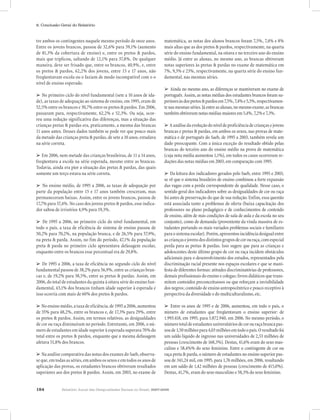 184 Relatório Anual das Desigualdades Raciais no Brasil, 2007-2008
8. Conclusão Geral do Relatório
tre ambos os contingentes naquele mesmo período de onze anos.
Entre os jovens brancos, passou de 32,6% para 59,1% (aumento
de 81,3% da cobertura de ensino) e, entre os pretos & pardos,
mais que triplicou, saltando de 12,1% para 37,8%. De qualquer
maneira, deve ser frisado que, entre os brancos, 40,9%, e, entre
os pretos & pardos, 62,2% dos jovens, entre 15 e 17 anos, não
freqüentavam escola ou o faziam de modo incompatível com o o
nível de ensino esperado.
➢ No primeiro ciclo do nível fundamental (sete a 10 anos de ida-
de), as taxas de adequação ao sistema de ensino, em 1995, eram de
52,5% entre os brancos e 30,7% entre os pretos & pardos. Em 2006,
passaram para, respectivamente, 62,2% e 52,3%. Ou seja, ocor-
reu uma redução significativa das diferenças, mas a situação das
crianças pretas & pardas era, praticamente, a mesma das brancas
11 anos antes. Desses dados também se pode ver que pouco mais
da metade das crianças preta & pardas, de sete a 10 anos, estudava
na série correta.
➢ Em 2006, nem metade das crianças brasileiras, de 11 a 14 anos,
freqüentava a escola na série esperada, mesmo entre as brancas.
Todavia, ainda era pior a situação das pretas & pardas, das quais
somente um terço estava na série correta.
➢ No ensino médio, de 1995 a 2006, as taxas de adequação por
parte da população entre 15 e 17 anos também cresceram, mas
permaneceram baixas. Assim, entre os jovens brancos, passou de
17,7% para 37,4%. No caso dos jovens pretos & pardos, esse indica-
dor saltou de irrisórios 4,9% para 19,3%.
➢ De 1995 a 2006, no primeiro ciclo do nível fundamental, em
todo o país, a taxa de eficiência do sistema de ensino passou de
50,2% para 70,2%, na população branca, e de 26,5% para 57,9%,
na preta & parda. Assim, no fim do período, 47,1% da população
preta & parda no primeiro ciclo apresentava defasagem escolar,
enquanto entre os brancos esse percentual era de 29,8%.
➢ De 1995 a 2006, a taxa de eficiência no segundo ciclo do nível
fundamental passou de 38,2% para 56,9%, entre as crianças bran-
cas e, de 19,2% para 38,5%, entre as pretas & pardas. Assim, em
2006, do total de estudantes da quinta à oitava série do ensino fun-
damental, 43,1% dos brancos tinham idade superior à esperada e
isso ocorria com mais de 60% dos pretos & pardos.
➢ No ensino médio, a taxa de eficiência, de 1995 a 2006, aumentou
de 35% para 48,2%, entre os brancos e, de 17,3% para 29%, entre
os pretos & pardos. Assim, em termos relativos, as desigualdades
de cor ou raça diminuíram no período. Entretanto, em 2006, o nú-
mero de estudantes em idade superior à esperada superava 70% do
total entre os pretos & pardos, enquanto que a mesma defasagem
afetava 51,8% dos brancos.
➢ Na análise comparativa das notas dos exames do Saeb, observa-
seque,emtodasasséries,emambosossexoseemtodososanosde
aplicação das provas, os estudantes brancos obtiveram resultados
superiores aos dos pretos & pardos. Assim, em 2003, no exame de
matemática, as notas dos alunos brancos foram 7,5%, 7,4% e 8%
mais altas que as dos pretos & pardos, respectivamente, na quarta
série do ensino fundamental, na oitava e no terceiro ano do ensino
médio. Já entre as alunas, no mesmo ano, as brancas obtiveram
notas superiores às pretas & pardas no exame de matemática em
7%, 9,3% e 23%, respectivamente, na quarta série do ensino fun-
damental, nas mesmas séries.
➢ Ainda no mesmo ano, as diferenças se mantiveram no exame de
português. Assim, as notas médias dos estudantes brancos foram su-
perioresàsdospretos&pardosem7,5%,7,4%e5,5%,respectivamen-
tenasmesmasséries.Jáentreasalunas,nomesmoexame,asbrancas
tambémobtiveramnotasmédiasmaioresem5,4%,7,2%e7,3%.
➢ Aanálisedaevoluçãodoníveldeproficiênciadecriançasejovens
brancas e pretas & pardas, em ambos os sexos, nas provas de mate-
mática e de português do Saeb, de 1995 a 2003, também revela um
dado preocupante. Com a única exceção do resultado obtido pelas
brancas do terceiro ano do ensino médio na prova de matemática
(cuja nota média aumentou 1,1%), em todos os casos ocorreram re-
duções das notas médias em 2003, em comparação com 1995.
➢ Da leitura dos indicadores gerados pelo Saeb, entre 1995 e 2003,
se vê que o sistema brasileiro de ensino combinou a forte expansão
das vagas com a perda correspondente de qualidade. Nesse caso, o
sentido geral dos indicadores sobre as desigualdades de cor ou raça
foi antes de preservação do que de sua redução. Enfim, essa questão
está associada tanto a problemas de oferta (baixa capacitação dos
professores no plano pedagógico e de conhecimentos de conteúdo
de ensino, além de más condições de sala de aula e da escola no seu
conjunto), como de demanda (proveniente da vinda massiva de es-
tudantes portando os mais variados problemas sociais e familiares
paraosistemaescolar).Porém,apresentouincidênciadesigualentre
ascriançasejovensdosdistintosgruposdecorouraça,comespecial
perda para as pretas & pardas. Isso sugere que para as crianças e
adolescentes deste último grupo de cor ou raça incidem obstáculos
adicionais para o desenvolvimento dos estudos, representados pela
discriminação racial presente nos espaços escolares e que se mani-
festa de diferentes formas: atitudes discriminatórias de professores,
demais profissionais do ensino e colegas; livros didáticos que trans-
mitem conteúdos preconceituosos ou que reforçam a invisibilidade
dos negros; conteúdo de ensino antropocêntrico e pouco receptivo à
perspectiva da diversidade e do multiculturalismo, etc.
➢ Entre os anos de 1995 e de 2006, aumentou, em todo o país, o
número de estudantes que freqüentavam o ensino superior: de
1.993.418, em 1995, para 5.872.940, em 2006. No mesmo período, o
númerototaldeestudantesuniversitáriosdecorouraçabrancapas-
soude1,50milhõespara4,03milhõesemtodoopaís.Oresultadofoi
um saldo líquido de ingresso nas universidades de 2,53 milhões de
pessoas (crescimento de 168,3%). Destas, 41,6% eram do sexo mas-
culino e 58,4%% do sexo feminino. Entre o contingente de cor ou
raça preta & parda, o número de estudantes no ensino superior pas-
sou de 341,24 mil, em 1995, para 1,76 milhões, em 2006, resultando
em um saldo de 1,42 milhões de pessoas (crescimento de 415,0%).
Destas, 41,7%, eram do sexo masculino e 58,3% do sexo feminino.
 