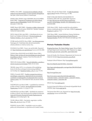 Relatório Anual das Desigualdades Raciais no Brasil, 2007-2008 201
SIMÕES. Celso (2006) - A transição da fecundidade no Brasil:
análise de seus determinantes e as novas questões demográficas.
São Paulo. Arbeit Factory Editora e Comunicação.
SOARES, Fabio; SOARES, Sergei; MEDEIROS, Marcelo & OSÓRIO,
Rafael (2006) – Programas de transferência de renda no Brasil:
impactos sobre as desigualdades. Brasília: IPEA (texto para
discussão nº 1228). 40 p.
SODRÉ, Muniz (2002 [1988]) – O terreiro e a cidade: a forma social
negro-brasileira. Rio de Janeiro: IMAGO Ed. / Salvador: Fundação
Cultural do Estado da Bahia
SOUZA, Paulo & LIMA, João (2003) – A distribuição de terra no
Brasil e nas Unidades da Federação. In Revista Econômica do
Nordeste. Fortaleza, v. 34, nº 1, jan-mar (p.p. 113-132)
STUBB, Josefina & REYES, Risca (2006) – Los Afroecuatorianos.
Washington DC: World Bank (Más allá de los promedios:
afrodescendientes en América Latina). 62 p.
SULEIMAN, Ezra (2005) - France: one and divisible. Disponível
em: http://riotsfrance.ssrc.org/Suleiman/ Acesso em 04-04-2008.
TAKAGI, Maya; GRAZIANO, José & GROSSI, Mauro (2001) –
Pobreza e fome: em busca de uma metodologia para quantificação
do problema no Brasil. Campinas: Texto Para Discussão, IE/
UNICAMP nº 101 (jul.)
TRECCANI, Girolano (2006) – Terras de Quilombos: caminhos e
entraves no processo de titulação. Belém: Ed. do Autor.
TRUSSEL, James (1975). A re-estimation of the multiplying
factors for the Brass technique for determining childhood
survivorship rates. Population Studies, v.29, nº 1, (p.p: 97-107).
URREA, Fernando (2007) - Desafios y perspectivas teóricas y
metodologías comparativas: importancia de un acercamiento
cuantitativo sociodemográfico a la dimensión étnico-racial en
América Latina. Cali: Universidad del Valle, documento inédito,
23 p.
VASCONCELOS, Ana Maria (1998) – A qualidade das estatísticas
de óbito no Brasil. Campinas: Revista Brasileira de Estudos
Populacionais, Brasília; 15 (1) (p.p.115-124)
VASCONCELOS, Ana Maria (2000) – Qualidade das estatísticas
de óbitos no Brasil: uma classificação das unidades da federação.
Anais do IX Encontro Nacional de Estudos Populacionais da
ABEP, vol. 1 (www.abep.org.br). 14p.
VELHO, Gilberto (2003) – Patrimônio, negociação e conflito.
Mana. Abr., vol. 12, nº 1 (p.p. 237-248).
WERNECK, Jurema (2005) – Iniqüidades raciais em saúde e
políticas de enfrentamento: as experiências do Canadá, Estados
Unidos, África do Sul e Reino Unido. . In Saúde da população
negra no Brasil. Brasília: FUNASA (p.p. 315-386)
WHO’S TO BLAME FOR DELAYED RESPONSE TO
KATRINA? (2005) ABC News: 06/09/2005. Disponível
em: http://abcnews.go.com/WNT/HurricaneKatrina/
story?id=1102467&page=1&CMP=OTC-RSSFeeds0312 Acesso
em 04/04/2008.
ZAGO, Marco (1994) - Quadro mundial das enfermidades e
doenças consideradas genéticas. São Paulo: CEBRAP, Cadernos de
Pesquisa nº 2, jul (p.p. 3-14)
ZAGO,Marco(2000)-AnemiaFalciformeeDoençasFalciformes.
ManualdeDoençasMaisImportantesporRazõesÉtnicasna
PopulaçãoBrasileira.Brasília:UnB/MinistériodaSaúde(p.p.6-40)
Portais Visitados Citados
Bringing them home: The ‘Stolen Children’ report. Human Rights
and Equal Opportunity Commission, 2005. Disponível em: http://
www.hreoc.gov.au/social_justice/bth_report/index.html
Centro de Estudos Afro-Orientais; Mapeamento dos Terreiros da
Cidade de Salvador http://www.terreiros.ceao.ufba.br
Fundação Cultural Palmares: http://www.palmares.gov.br
http://en.wikipedia.org/wiki/Stolen_Generation
http://ngm.nationalgeographic.com/ngm/data/2001/09/01/html/
fulltext6.html
http://www.garifuna.com/
http://www.unesco.org/culture/ich/index.php?select_
country02=&select_country03=&select_country04=&select_
country05=&select_country06=HN
IPHAN. http://www.iphan.gov.br
Secretaria Especial de Políticas de Promoção da Igualdade Racial
(SEPPIR): htpp://www.seppir.gov.br
The Katrina Files NOLA.com. Disponível em: http://www.nola.
com/katrina/ Acesso em 04/04/2008.
 