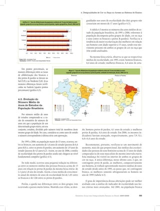 Relatório Anual das Desigualdades Raciais no Brasil, 2007-2008 69
4. Desigualdades de Cor ou Raça no Acesso ao Sistema de Ensino
Gráfico 4.3 - Taxa de alfabetização da população residente de 15 anos de
idade ou mais segundo os grupos de cor ou raça (branca e preta & parda),
regiões geográficas, Brasil; 2006 (em %).
94,3
95,4
95,6
83,4
92,3
89,7
89,6
91,6
77,5
87,5
0,0 10,0 20,0 30,0 40,0 50,0 60,0 70,0 80,0 90,0 100,0
Centro-Oeste
Sul
Sudeste
Nordeste
Norte
Fonte: IBGE, microdados Pnad.
Tabulações: LAESER: Fichário das Desigualdades Raciais
Brancos Pretos & Pardos
Gráfico 4.3 - Taxa de alfabetização da população residente de 15 anos de
idade ou mais segundo os grupos de cor ou raça (branca e preta & parda),
regiões geográficas, Brasil; 2006 (em %).
94,3
95,4
95,6
83,4
92,3
89,7
89,6
91,6
77,5
87,5
0,0 10,0 20,0 30,0 40,0 50,0 60,0 70,0 80,0 90,0 100,0
Centro-Oeste
Sul
Sudeste
Nordeste
Norte
Fonte: IBGE, microdados Pnad.
Tabulações: LAESER: Fichário das Desigualdades Raciais
Brancos Pretos & Pardos
gualdades nos anos de escolaridade dos dois grupos não
cessariam em menos de 17 anos (gráfico 4.5).
A tabela 4.3 mostra os números dos anos médios de es-
tudo da população brasileira, de 1995 a 2006, referentes à
população decomposta pelos grupos de idade, cor ou raça
e sexo (entre os brancos e pretos & pardos). Verifica-se a
tendência da maior escolarização das mulheres em relação
aos homens com idade superior a 15 anos, sendo esse mo-
vimento presente em ambos os grupos de cor ou raça que
vêm sendo analisados.
Na mesma faixa etária, observa-se que as respectivas
médias de escolaridade, em 1995, eram: homens brancos,
6,4 anos de estudo; mulheres brancas, 6,4 anos de estu-
do; homens pretos & pardos, 4,1 anos de estudo; e mulheres
pretas & pardas, 4,4 anos de estudo. Em 2006, os mesmos in-
dicadores haviam avançado, respectivamente, para 7,9; 8,1;
6,0 e 6,4 anos de estudo.
Recentemente, portanto, verificou-se um movimento de
aumento, mais do que proporcional, das médias das escolari-
dades das pessoas do sexo feminino acima de 15 anos de idade
comparadas às do sexo masculino do mesmo intervalo etário.
Esta mudança foi visível no interior de ambos os grupos de
cor ou raça. A única diferença, nesse último caso, é que, no
contingente preto & pardo, as mulheres, comparativamente
aos homens, já vinham apresentando maiores médias de anos
de estudo desde antes de 1995, ao passo que, no contingente
branco, as mulheres somente ultrapassaram os homens no
ano de 1999 (tabela 4.3).
O grau de importância dessas alterações pode ser melhor
avaliado com a análise do indicador de escolaridade nas fai-
xas etárias mais avançadas. Até 2001, na população branca
Gráfico 4.3 - Taxa de alfabetização da população residente de 15 anos de idade ou mais,
segundo grupo de cor ou raça (branca e preta & parda), regiões geográficas, Brasil, 2006 (em %)
Brancos Pretos & Pardos
Fonte: IBGE, microdados PNAD.
Tabulações: LAESER - Fichário das Desigualdades Raciais.
Mapa 4.1. Taxa de analfabetismo da população residente acima de 15 anos de idade segundo os grupos de
cor ou raça (branca e preta & parda), unidades da federação, Brasil, 2006 (em %).
Brancos Pretos & Pardos
Fonte: IBGE, microdados PNAD.
Tabulações: LAESER - Fichário das Desigualdades Raciais.
Mapa 4.1. Taxa de analfabetismo da população residente acima de 15 anos de idade segundo os grupos de
cor ou raça (branca e preta & parda), unidades da federação, Brasil, 2006 (em %).
Mapa 4.1 - Taxa de alfabetismo da população residente acima de 15 anos de idade ou mais,
segundo grupo de cor ou raça (branca e preta & parda), unidades da federação, Brasil, 2006 (em %)
Em pontos percentuais, as
maiores diferenças entre as taxas
de alfabetização dos brancos e
dos pretos & pardos se davam no
Sul (5,9) e no Nordeste (5,8). Já as
menores diferenças foram verifi-
cadas no Sudeste (quatro pontos
percentuais) (gráfico 4.3).
4.2. Evolução do
Número Médio de
Anos de Estudos da
População Brasileira
Por número médio de anos
de estudos compreende-se a ra-
zão do somatório do número de
anos em que a população de um
determinadogrupoetário,emseu
conjunto, estudou, dividido pelo número total de membros deste
mesmo grupo de idade. No caso, considera-se como anos de estudo
o número correspondente à última série com aprovação.
De 1995 a 2006, na população maior de 15 anos, ocorreu, en-
tre os brancos, um aumento de 1,6 anos de estudo (passou de 6,4
para 8,0) e, entre os pretos & pardos, um aumento de 1,9 anos de
estudo (passou de 4,3 para 6,2). Assim, no ano de 2006, a média
de escolaridade dos pretos & pardos ainda não chegava ao nível
fundamental completo (gráfico 4.5).
De todo modo, ocorreu uma pequena redução na diferen-
ça entre os números médios das pessoas brancas acima de 15
anos em relação às pretas & pardas da mesma faixa etária: de
2,1 para 1,8 ano de estudo. Assim, a taxa média de crescimen-
to anual do número de anos de escolaridade foi de 1,03 entre
os brancos e de 1,06 entre os pretos & pardos.
Porém, a queda nas diferenças entre os dois grupos vem
ocorrendo a passos muito lentos. Mantido esse ritmo, as desi-
 