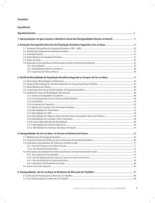 Sumário

Expediente
	
Agradecimentos . ................................................................................................................................................................................................ 5

1. Apresentação: no que consiste o Relatório Anual das Desigualdades Raciais no Brasil?.......................................... 11

2. Evolução Demográfica Recente da População Brasileira Segundo a Cor ou Raça........................................................ 21
	    2.1	 Evolução Demográfica da População Brasileira; 1995 - 2006.................................................................................................................... 23
	 2.2. Distribuição Regional da População Brasileira................................................................................................................................................                                27
	 2.3. Pirâmides Etárias.........................................................................................................................................................................................................   27
	 2.4. Idade Mediana da População Brasileira.............................................................................................................................................................                           31
	 2.5. Razão de Sexos............................................................................................................................................................................................................   32
	 2.6. Indicadores Demográficos de Mensuração Através de Estimativas Indiretas.....................................................................................                                                                 32
		     2.6.1. Fecundidade.....................................................................................................................................................................................................      35
		     2.6.2. Mortalidade Infantil e na Infância............................................................................................................................................................                        38
		     2.6.3. Esperança de Vida ao Nascer.....................................................................................................................................................................                      39

3. Perfil da Mortalidade da População Brasileira Segundo os Grupos de Cor ou Raça.................................................... 41
	    3.1. Informações Metodológicas Preliminares......................................................................................................................................................... 43
	 3.2. Razão de Mortalidade Por 100 Mil Habitantes Por Causas Específicas de Óbito...............................................................................                                                                   44
	 3.3. Idade Mediana dos Óbitos......................................................................................................................................................................................               46
	 3.4. Composição das Causas de Mortalidade da População Brasileira...........................................................................................................                                                      46
	 3.5. Análise de Causas de Mortalidade Selecionadas ..........................................................................................................................................                                     48
		     3.5.1. Doenças do Aparelho Circulatório...........................................................................................................................................................                           48
		     3.5.2. Composição das Causas Externas de Mortalidade . .........................................................................................................................                                             49
		     3.5.3. Homicídios........................................................................................................................................................................................................    50
		     3.5.4. Acidentes de Transporte..............................................................................................................................................................................                 53
		     3.5.5. Mortes Por Suicídio e Por Overdose de Drogas..................................................................................................................................                                        53
		     3.5.6. Mortalidade Por Tuberculose ...................................................................................................................................................................                       55
		     3.5.7. Mortalidade Por AIDS....................................................................................................................................................................................              56
		     3.5.8. Mortalidade Por Algumas Doenças Infecciosas e Parasitárias Típicas da Pobreza................................................................                                                                         56
		     3.5.9. Mortalidade Por Gravidez, Parto e Puerpério......................................................................................................................................                                     58
		     3.5.10. Causas Mal Definidas de Mortalidade..................................................................................................................................................                                59
		     3.5.11. Mortalidade Por Anemia Falciforme......................................................................................................................................................                              59
		     3.5.12. Mortalidade Por Doenças Alcoólicas do Fígado...............................................................................................................................                                          61

4. Desigualdades de Cor ou Raça no Acesso ao Sistema de Ensino.......................................................................................... 65
                                                                                                            .
	    4.1. Alfabetização da População Brasileira................................................................................................................................................................ 67
	 4.2. Evolução do Número Médio de Anos de Estudos da População Brasileira..........................................................................................                                                                69
	 4.3. Indicadores Quantitativos de Cobertura da Rede Escolar..........................................................................................................................                                             71
		     4.3.1. Taxa de Cobertura do Sistema Escolar....................................................................................................................................................                              71
		      4.3.2. Taxa Bruta de Escolaridade........................................................................................................................................................................                   73
	 4.4. Indicadores da Qualidade do Sistema de Ensino e do Aproveitamento Escolar................................................................................                                                                    75
		     4.4.1. Taxa Líquida de Escolaridade.....................................................................................................................................................................                     75
		     4.4.2. Taxa de Adequação de Crianças e Jovens ao Sistema de Ensino.................................................................................................                                                          77
		     4.4.3. Taxa de Eficiência do Sistema de Ensino...............................................................................................................................................                                78
		     4.4.4. Indicadores de Rendimento Escolar........................................................................................................................................................                             80
	 4.5. Acesso ao Ensino Superior......................................................................................................................................................................................              81

5. Desigualdades de Cor ou Raça na Dinâmica do Mercado de Trabalho.............................................................................. 87
	    5.1. Evolução da Participação no Mercado de Trabalho....................................................................................................................................... 89
	         5.2. Taxa de Participação no Mercado de Trabalho .............................................................................................................................................. 90



                                                                                                            Relatório Anual das Desigualdades Raciais no Brasil, 2007-2008                                                               7
 