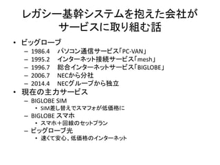 쥬`֥ƥ򱧤礬
`ӥȡMԒ
? ӥå`
C 1986.4 ѥͨť`ӥPC-VAN
C 1995.2 󥿩`ͥåȽӾA`ӥmesh
C 1996.7 tϥ󥿩`ͥåȥ`ӥBIGLOBE
C 2006.7 NEC
C 2014.4 NEC`פ
? Fڤ`ӥ
C BIGLOBE SIM
? SIM椨ǥޥե́
C BIGLOBE ޥ
? ޥۣؾΥåȥץ
C ӥå`ֹ
? ٤ưġ́Υ󥿩`ͥå
 
