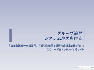 グループ演習
システム地図を作る
「空き会議室の有効活用」 「適切な値段と場所で会議室を借りたい」
このニーズをマッチングするサイト
 