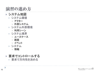 16
演習の進め方
 システム地図
 システム価値
 アクター
 外部システム
 システム外部環境
 利用シーン
 システム境界
 ユースケース
 画面
 イベント
 システム
 情報
 要求でコントロールする
 要求で方向性を決める
 