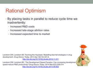Rational Optimism
• By placing tasks in parallel to reduce cycle time we
inadvertently:
• Increased R&D costs
• Increased late-stage attrition rates
• Increased expected time to market
Lendrem DW, Lendrem BC Torching the Haystack: Modelling fast-fail strategies in drug
development. Drug Discov Today. 2013 Apr;18(7-8):331-6.
http://dx.doi.org/10.1016/j.drudis.2012.11.011
Lendrem DW, Lendrem BC The Development Speed Paradox: Can increasing development
speed reduce R&D productivity? Drug Discov Today. 2014 Mar;9(3):209-214
http://dx.doi.org/10.1016/j.drudis.2013.09.002
 