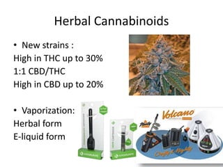 Herbal Cannabinoids
• New strains :
High in THC up to 30%
1:1 CBD/THC
High in CBD up to 20%
• Vaporization:
Herbal form
E-liquid form
 