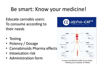 Be smart: Know your medicine!
Educate cannabis users:
To consume according to
their needs
• Testing
• Potency / Dosage
• Cannabinoids Pharma effects
• Intoxication risk
• Administration form
 