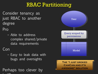 RBAC Partitioning Consider tenancy as just RBAC to another degree Pro Able to address complex shared/private data requirements Con Easy to leak data with bugs and oversights Perhaps too clever by half? User Model Query scoped by permissions The “I just groked CanCan and it’s awesome” solution 