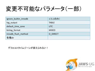 変更不可能なパラメータ（一部）
ignore_builtin_innodb   1（5.1のみ）
log_output              TABLE
default_time_zone       UTC
binlog_format           MIXED
innodb_flush_method     O_DIRECT
各種dir



 デフォルトタイムゾーンが変えられない！
 