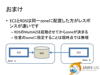 おまけ
• EC2とRDSは同一zoneに配置した方がレスポ
  ンスが速いです
  – RDSのMultiAZは起動させてからzoneが決まる
  – 任意のzoneに指定することは現時点では無理


         EC2   RDS        EC2


Zone a                          Zone b
 