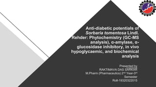Anti-diabetic potentials of
Sorbaria tomentosa Lindl.
Rehder: Phytochemistry (GC-MS
analysis), α-amylase, α-
glucosidase inhibitory, in vivo
hypoglycaemic, and biochemical
analysis
Presented by
RAKTIMAVA DAS SARKAR
M.Pharm (Pharmaceutics) 2nd Year-3rd
Semester
Roll-19320322015
 