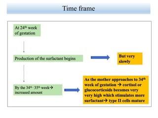 Time frame
At 24th week
of gestation
Production of the surfactant begins
But very
slowly
By the 34th - 35th week
increased amount
As the mother approaches to 34th
week of gestation  cortisol or
glucocorticoids becomes very
very high which stimulates more
surfactant type II cells mature
 