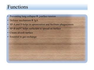 Functions
• Preventing lung collapse ↓surface tension
• Defense mechanism IgA
• SP-A and D helps in opsonization and facilitate phagocytosis
• SP-B and C helps surfactant to spread on surface
• Cleans alveoli surface
• Essential in gas exchange
 