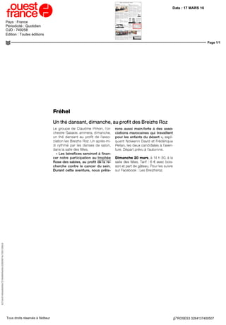 Date : 29 JUIN 16
Pays : France
Périodicité : Hebdomadaire
OJD : 8272
Page 1/1
ROSES3 5389938400508Tous droits réservés à l'éditeur
Ville d'Avranches
Pour aider Elodie
et Jessica...
Pour lever les derniers deniers
qui leur manquent, afin finan-
cer leur aventure, Elodie Dodard
et Jessica Breton proposent du
sponsoring ou du mécénat aux
entreprises et aux particuliers
qui le souhaitent « Nos parte-
naires, jusqu'à présent, ont
donné entre 10 € et 1 000 €»,
expliquent-elles Lesdeuxjeunes
femmes ont créé une cagnotte
sur le site internet leetchi com ,
que l'on peut retrouver en tapant
le nom de leur association 2
Grains de folie
Elles organisent et parti-
cipent aussi a des evénements,
ces prochains mois le 22 juil-
let, soirée bière au Tandem ,
le 30 et le 31 juillet, braderie
d'Avranches, le 28 août, journée
karting-pamtballaSamte-Pience
Pour participer, il suffit de taper
2 Grains de folie sur Facebook
• Mardi 13 septembre, fin
des inscriptions pour le tro-
phée Roses des sables.
 