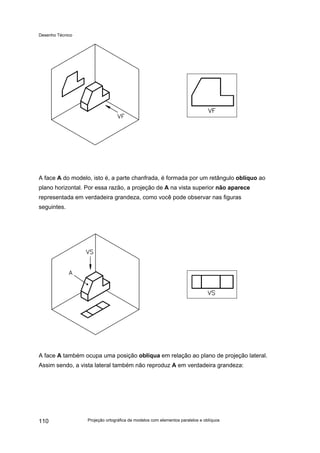 Desenho Técnico
A face A do modelo, isto é, a parte chanfrada, é formada por um retângulo oblíquo ao
plano horizontal. Por essa razão, a projeção de A na vista superior não aparece
representada em verdadeira grandeza, como você pode observar nas figuras
seguintes.
A face A também ocupa uma posição oblíqua em relação ao plano de projeção lateral.
Assim sendo, a vista lateral também não reproduz A em verdadeira grandeza:
Projeção ortográfica de modelos com elementos paralelos e oblíquos
110
 