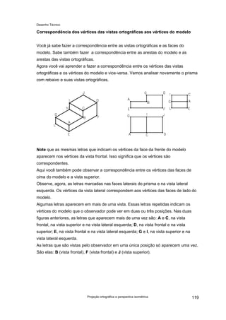 Desenho Técnico
Correspondência dos vértices das vistas ortográficas aos vértices do modelo
Você já sabe fazer a correspondência entre as vistas ortográficas e as faces do
modelo. Sabe também fazer a correspondência entre as arestas do modelo e as
arestas das vistas ortográficas.
Agora você vai aprender a fazer a correspondência entre os vértices das vistas
ortográficas e os vértices do modelo e vice-versa. Vamos analisar novamente o prisma
com rebaixo e suas vistas ortográficas.
Note que as mesmas letras que indicam os vértices da face da frente do modelo
aparecem nos vértices da vista frontal. Isso significa que os vértices são
correspondentes.
Aqui você também pode observar a correspondência entre os vértices das faces de
cima do modelo e a vista superior.
Observe, agora, as letras marcadas nas faces laterais do prisma e na vista lateral
esquerda. Os vértices da vista lateral correspondem aos vértices das faces de lado do
modelo.
Algumas letras aparecem em mais de uma vista. Essas letras repetidas indicam os
vértices do modelo que o observador pode ver em duas ou três posições. Nas duas
figuras anteriores, as letras que aparecem mais de uma vez são: A e C, na vista
frontal, na vista superior e na vista lateral esquerda; D, na vista frontal e na vista
superior; E, na vista frontal e na vista lateral esquerda; G e I, na vista superior e na
vista lateral esquerda.
As letras que são vistas pelo observador em uma única posição só aparecem uma vez.
São elas: B (vista frontal), F (vista frontal) e J (vista superior).
Projeção ortográfica e perspectiva isométrica 119
 
