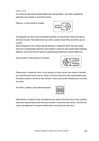 Desenho Técnico
Os contornos das partes arredondadas são representados, nas vistas ortográficas,
pela linha para arestas e contornos visíveis.
Observe, a vista frontal do modelo.
As projeções dos dois furos horizontais coincidem na vista frontal. Esses furos têm a
forma de círculos. Para determinar seu centro, usamos duas linhas de centro que se
cruzam.
Não enxergamos o furo vertical quando olhamos o modelo de frente. Na vista frontal,
esse furo é representado pela linha para arestas e contornos não visíveis (linha tracejada
estreita). Uma única linha de centro é suficiente para determinar o centro desse furo.
Agora analise a vista superior do modelo:
Observando o modelo de cima, o furo vertical é o único visível e seu centro é indicado
por duas linhas de centro que se cruzam. Os outros dois furos são representados pela
linha para arestas e contornos não visíveis, e seus centros são indicados por uma linha
de centro.
Por último, analise a vista lateral esquerda.
Observando o modelo de lado constatamos que nenhum dos furos fica visível, portanto
todos são representados pela linha para arestas e contornos não visíveis. As linhas de
centro que aparecem no desenho determinam os centros dos três furos.
Projeção ortográfica de modelos com elementos diversos 129
 