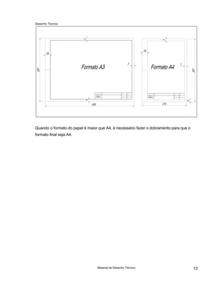 Desenho Técnico
Quando o formato do papel é maior que A4, é necessário fazer o dobramento para que o
formato final seja A4.
Material de Desenho Técnico 13
 