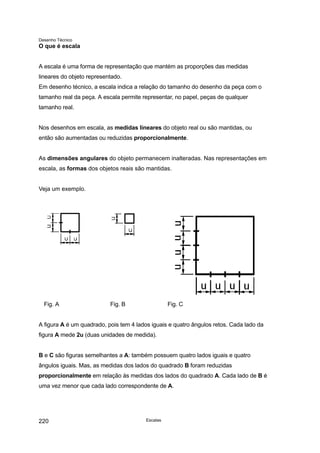 Desenho Técnico
O que é escala
A escala é uma forma de representação que mantém as proporções das medidas
lineares do objeto representado.
Em desenho técnico, a escala indica a relação do tamanho do desenho da peça com o
tamanho real da peça. A escala permite representar, no papel, peças de qualquer
tamanho real.
Nos desenhos em escala, as medidas lineares do objeto real ou são mantidas, ou
então são aumentadas ou reduzidas proporcionalmente.
As dimensões angulares do objeto permanecem inalteradas. Nas representações em
escala, as formas dos objetos reais são mantidas.
Veja um exemplo.
Fig. A Fig. B Fig. C
A figura A é um quadrado, pois tem 4 lados iguais e quatro ângulos retos. Cada lado da
figura A mede 2u (duas unidades de medida).
B e C são figuras semelhantes a A: também possuem quatro lados iguais e quatro
ângulos iguais. Mas, as medidas dos lados do quadrado B foram reduzidas
proporcionalmente em relação às medidas dos lados do quadrado A. Cada lado de B é
uma vez menor que cada lado correspondente de A.
Escalas
220
 