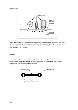 Desenho Técnico
Essas placas são fabricadas em diversos tamanhos e espessuras. O tamanho da placa
deve ser escolhido de forma a obter o maior aproveitamento possível, e a espessura
mais utilizada é de 1,6 mm.
Traçado
Os traçados responsáveis pelas interligações entre os componentes eletrônicos são
denominados de pista ou trilha. O ponto de ligação no qual é fixado o terminal do
componente é chamada de ilha ou auréola.
Desenho de leiaute
252
 