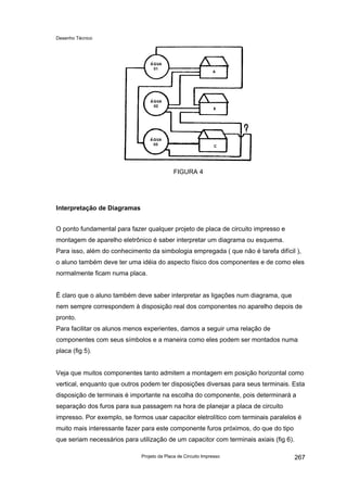Desenho Técnico
FIGURA 4
Interpretação de Diagramas
O ponto fundamental para fazer qualquer projeto de placa de circuito impresso e
montagem de aparelho eletrônico é saber interpretar um diagrama ou esquema.
Para isso, além do conhecimento da simbologia empregada ( que não é tarefa difícil ),
o aluno também deve ter uma idéia do aspecto físico dos componentes e de como eles
normalmente ficam numa placa.
Ë claro que o aluno também deve saber interpretar as ligações num diagrama, que
nem sempre correspondem à disposição real dos componentes no aparelho depois de
pronto.
Para facilitar os alunos menos experientes, damos a seguir uma relação de
componentes com seus símbolos e a maneira como eles podem ser montados numa
placa (fig 5).
Veja que muitos componentes tanto admitem a montagem em posição horizontal como
vertical, enquanto que outros podem ter disposições diversas para seus terminais. Esta
disposição de terminais é importante na escolha do componente, pois determinará a
separação dos furos para sua passagem na hora de planejar a placa de circuito
impresso. Por exemplo, se formos usar capacitor eletrolítico com terminais paralelos é
muito mais interessante fazer para este componente furos próximos, do que do tipo
que seriam necessários para utilização de um capacitor com terminais axiais (fig 6).
Projeto da Placa de Circuito Impresso 267
 