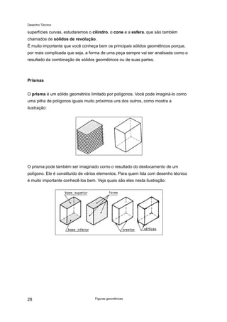 Desenho Técnico
superfícies curvas, estudaremos o cilindro, o cone e a esfera, que são também
chamados de sólidos de revolução.
É muito importante que você conheça bem os principais sólidos geométricos porque,
por mais complicada que seja, a forma de uma peça sempre vai ser analisada como o
resultado da combinação de sólidos geométricos ou de suas partes.
Prismas
O prisma é um sólido geométrico limitado por polígonos. Você pode imaginá-lo como
uma pilha de polígonos iguais muito próximos uns dos outros, como mostra a
ilustração:
O prisma pode também ser imaginado como o resultado do deslocamento de um
polígono. Ele é constituído de vários elementos. Para quem lida com desenho técnico
é muito importante conhecê-los bem. Veja quais são eles nesta ilustração:
Figuras geométricas
28
 