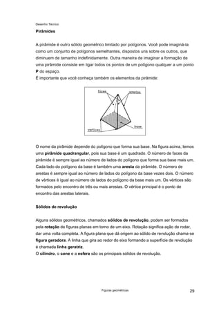 Desenho Técnico
Pirâmides
A pirâmide é outro sólido geométrico limitado por polígonos. Você pode imaginá-la
como um conjunto de polígonos semelhantes, dispostos uns sobre os outros, que
diminuem de tamanho indefinidamente. Outra maneira de imaginar a formação de
uma pirâmide consiste em ligar todos os pontos de um polígono qualquer a um ponto
P do espaço.
É importante que você conheça também os elementos da pirâmide:
O nome da pirâmide depende do polígono que forma sua base. Na figura acima, temos
uma pirâmide quadrangular, pois sua base é um quadrado. O número de faces da
pirâmide é sempre igual ao número de lados do polígono que forma sua base mais um.
Cada lado do polígono da base é também uma aresta da pirâmide. O número de
arestas é sempre igual ao número de lados do polígono da base vezes dois. O número
de vértices é igual ao número de lados do polígono da base mais um. Os vértices são
formados pelo encontro de três ou mais arestas. O vértice principal é o ponto de
encontro das arestas laterais.
Sólidos de revolução
Alguns sólidos geométricos, chamados sólidos de revolução, podem ser formados
pela rotação de figuras planas em torno de um eixo. Rotação significa ação de rodar,
dar uma volta completa. A figura plana que dá origem ao sólido de revolução chama-se
figura geradora. A linha que gira ao redor do eixo formando a superfície de revolução
é chamada linha geratriz.
O cilindro, o cone e a esfera são os principais sólidos de revolução.
Figuras geométricas 29
 