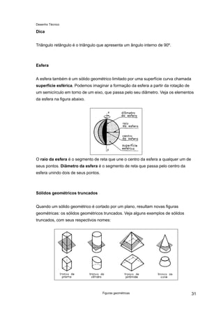 Desenho Técnico
Dica
Triângulo retângulo é o triângulo que apresenta um ângulo interno de 90º.
Esfera
A esfera também é um sólido geométrico limitado por uma superfície curva chamada
superfície esférica. Podemos imaginar a formação da esfera a partir da rotação de
um semicírculo em torno de um eixo, que passa pelo seu diâmetro. Veja os elementos
da esfera na figura abaixo.
O raio da esfera é o segmento de reta que une o centro da esfera a qualquer um de
seus pontos. Diâmetro da esfera é o segmento de reta que passa pelo centro da
esfera unindo dois de seus pontos.
Sólidos geométricos truncados
Quando um sólido geométrico é cortado por um plano, resultam novas figuras
geométricas: os sólidos geométricos truncados. Veja alguns exemplos de sólidos
truncados, com seus respectivos nomes:
Figuras geométricas 31
 