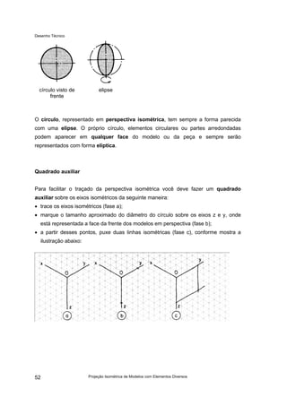 Desenho Técnico
círculo visto de
frente
elipse
O círculo, representado em perspectiva isométrica, tem sempre a forma parecida
com uma elipse. O próprio círculo, elementos circulares ou partes arredondadas
podem aparecer em qualquer face do modelo ou da peça e sempre serão
representados com forma elíptica.
Quadrado auxiliar
Para facilitar o traçado da perspectiva isométrica você deve fazer um quadrado
auxiliar sobre os eixos isométricos da seguinte maneira:
• trace os eixos isométricos (fase a);
• marque o tamanho aproximado do diâmetro do círculo sobre os eixos z e y, onde
está representada a face da frente dos modelos em perspectiva (fase b);
• a partir desses pontos, puxe duas linhas isométricas (fase c), conforme mostra a
ilustração abaixo:
Projeção Isométrica de Modelos com Elementos Diversos
52
 