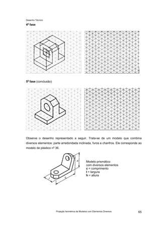 Desenho Técnico
4a
fase
5a
fase (conclusão)
Observe o desenho representado a seguir. Trata-se de um modelo que combina
diversos elementos: parte arredondada inclinada, furos e chanfros. Ele corresponde ao
modelo de plástico no
36.
Modelo prismático
com diversos elementos
c = comprimento
l = largura
h = altura
Projeção Isométrica de Modelos com Elementos Diversos 65
 
