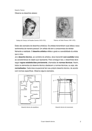 Desenho Técnico
Observe os desenhos abaixo:
Cabeça de Criança, de Rosalba Carreira (1675-1757). Paloma, de Pablo Picasso (1881-1973).
Estes são exemplos de desenhos artísticos. Os artistas transmitiram suas idéias e seus
sentimentos de maneira pessoal. Um artista não tem o compromisso de retratar
fielmente a realidade. O desenho artístico reflete o gosto e a sensibilidade do artista
que o criou.
Já o desenho técnico, ao contrário do artístico, deve transmitir com exatidão todas
as características do objeto que representa. Para conseguir isso, o desenhista deve
seguir regras estabelecidas previamente, chamadas de normas técnicas. Assim,
todos os elementos do desenho técnico obedecem a normas técnicas, ou seja, são
normalizados. Cada área ocupacional tem seu próprio desenho técnico, de acordo
com normas específicas. Observe alguns exemplos.
Desenho técnico de arquitetura Desenho técnico de marcenaria
O que é desenho técnico 7
 