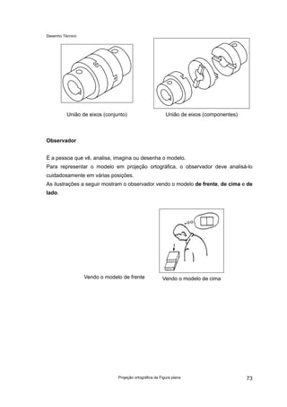 Desenho Técnico
União de eixos (conjunto) União de eixos (componentes)
Observador
É a pessoa que vê, analisa, imagina ou desenha o modelo.
Para representar o modelo em projeção ortográfica, o observador deve analisá-lo
cuidadosamente em várias posições.
As ilustrações a seguir mostram o observador vendo o modelo de frente, de cima e de
lado.
Vendo o modelo de frente Vendo o modelo de cima
Projeção ortográfica da Figura plana 73
 