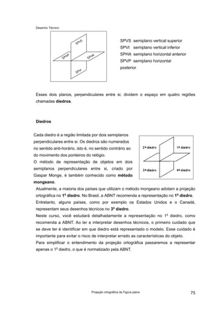 Desenho Técnico
SPVS semiplano vertical superior
SPVI semiplano vertical inferior
SPHA semiplano horizontal anterior
SPVP semiplano horizontal
posterior
Esses dois planos, perpendiculares entre si, dividem o espaço em quatro regiões
chamadas diedros.
Diedros
Cada diedro é a região limitada por dois semiplanos
perpendiculares entre si. Os diedros são numerados
no sentido anti-horário, isto é, no sentido contrário ao
do movimento dos ponteiros do relógio.
O método de representação de objetos em dois
semiplanos perpendiculares entre si, criado por
Gaspar Monge, é também conhecido como método
mongeano.
Atualmente, a maioria dos países que utilizam o método mongeano adotam a projeção
ortográfica no 1o
diedro. No Brasil, a ABNT recomenda a representação no 1o
diedro.
Entretanto, alguns países, como por exemplo os Estados Unidos e o Canadá,
representam seus desenhos técnicos no 3o
diedro.
Neste curso, você estudará detalhadamente a representação no 1o
diedro, como
recomenda a ABNT. Ao ler e interpretar desenhos técnicos, o primeiro cuidado que
se deve ter é identificar em que diedro está representado o modelo. Esse cuidado é
importante para evitar o risco de interpretar errado as características do objeto.
Para simplificar o entendimento da projeção ortográfica passaremos a representar
apenas o 1o
diedro, o que é normalizado pela ABNT.
Projeção ortográfica da Figura plana 75
 