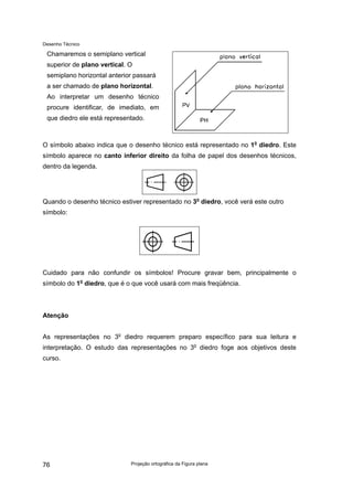 Desenho Técnico
Chamaremos o semiplano vertical
superior de plano vertical. O
semiplano horizontal anterior passará
a ser chamado de plano horizontal.
Ao interpretar um desenho técnico
procure identificar, de imediato, em
que diedro ele está representado.
O símbolo abaixo indica que o desenho técnico está representado no 1o
diedro. Este
símbolo aparece no canto inferior direito da folha de papel dos desenhos técnicos,
dentro da legenda.
Quando o desenho técnico estiver representado no 3o
diedro, você verá este outro
símbolo:
Cuidado para não confundir os símbolos! Procure gravar bem, principalmente o
símbolo do 1o
diedro, que é o que você usará com mais freqüência.
Atenção
As representações no 3o
diedro requerem preparo específico para sua leitura e
interpretação. O estudo das representações no 3o
diedro foge aos objetivos deste
curso.
Projeção ortográfica da Figura plana
76
 
