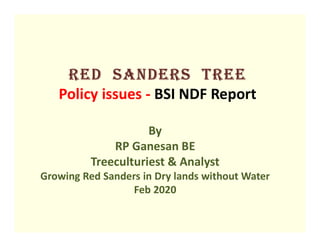 Red SandeRS TRee
Policy issues - BSI NDF Report
By
RP Ganesan BE
Treeculturiest & Analyst
Growing Red Sanders in Dry lands without Water
Feb 2020
 